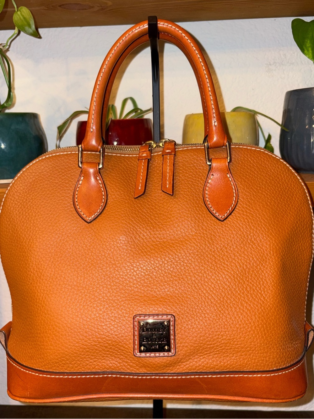 Dooney & Bourke Pebble Grain Leather Large Dome Satchel Cognac Zip Tote EUC